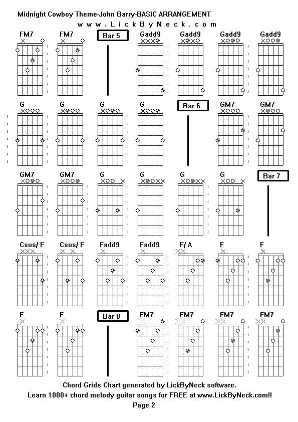 Chord Grids Chart of chord melody fingerstyle guitar song-Midnight Cowboy Theme-John Barry-BASIC ARRANGEMENT,generated by LickByNeck software.